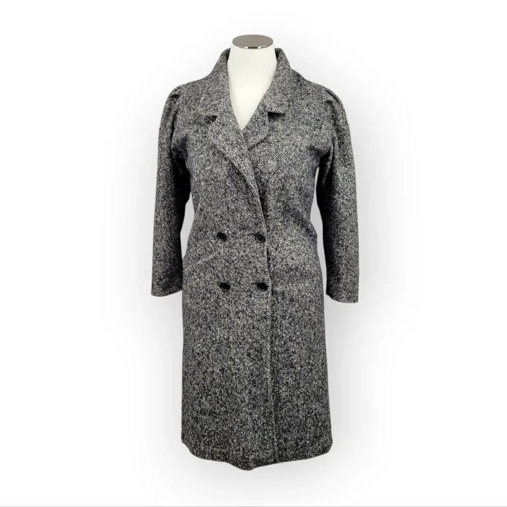 Vintage Wool Women's Gray Herringbone Longline Double Breasted Coat
